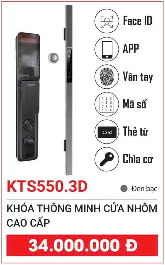 Khóa thông minh SIKER KTS550.3D cửa nhôm cao cấp